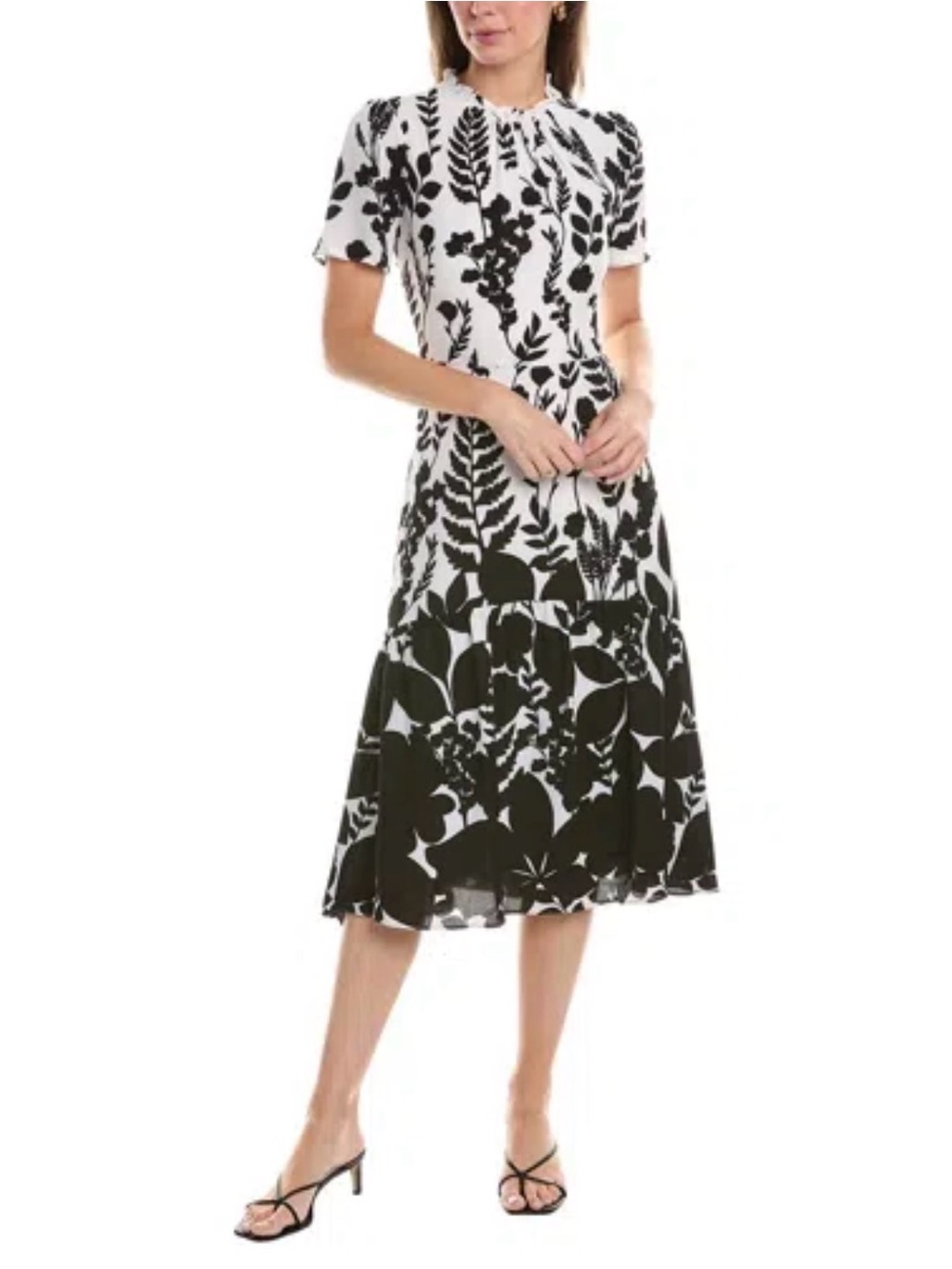 Maggy London Ruffle Neck Tiered  Black and White Floral Midi Dress size 2